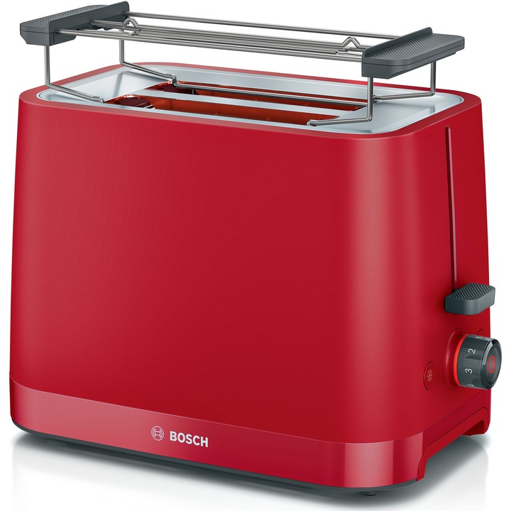 Тостер Bosch TAT3M124, Размразяване и затопляне, Автоматично изключване, Равномерно препичане, Без BPA за пластмасовите елементи, Червен
