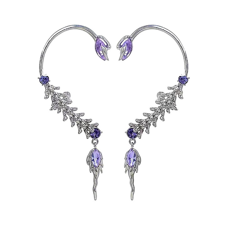 Cercei ear cuff pereche, model abstract cu sira spinarii si cristale mov Argintiu