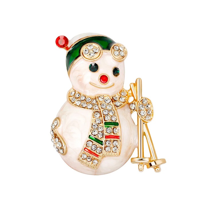 Brosa dama, tematica de Craciun, model glamour cu om de zapada, fashion, alb, EFAYN