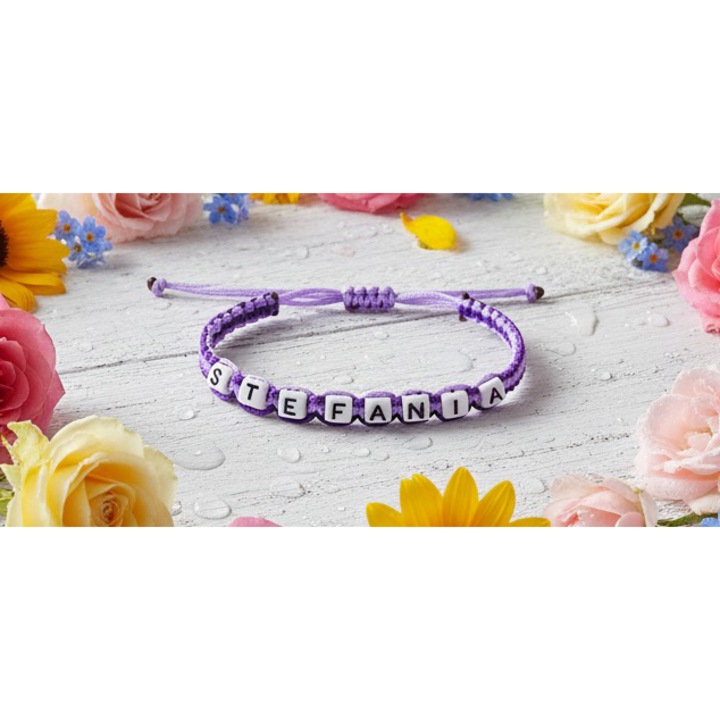 Bratara lucrata manual, Numele Stefania, Mov, 7 mm