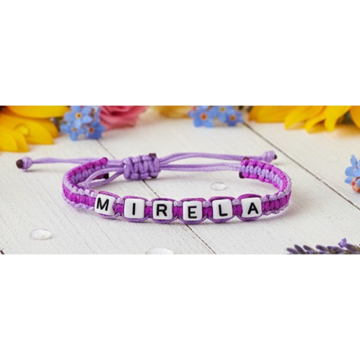 Bratara lucrata manual, Numele Mirela, Mov, 7 mm