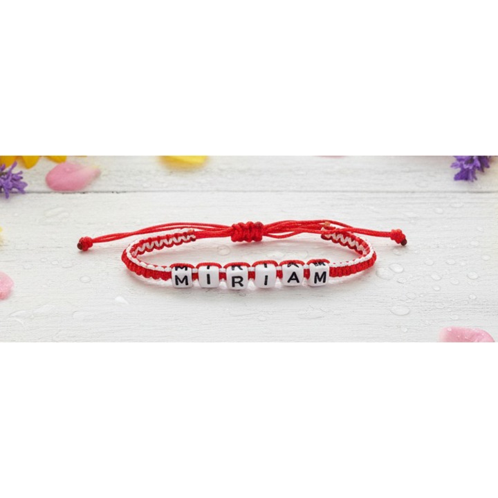 Bratara lucrata manual, Numele Miriam, Rosu, 7 mm