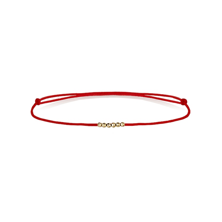 Bratara cu Aur Galben de 14K Handmade Beejou, Snur Rosu cu Bilute din Aur, Bijuterie Eleganta Lucrata Manual, Certificat de Autenticitate, Design Feminin Minimalist, Cadou Premium pentru Ea, Finisaj Rafinat, Stil Modern, Linie Eleganta