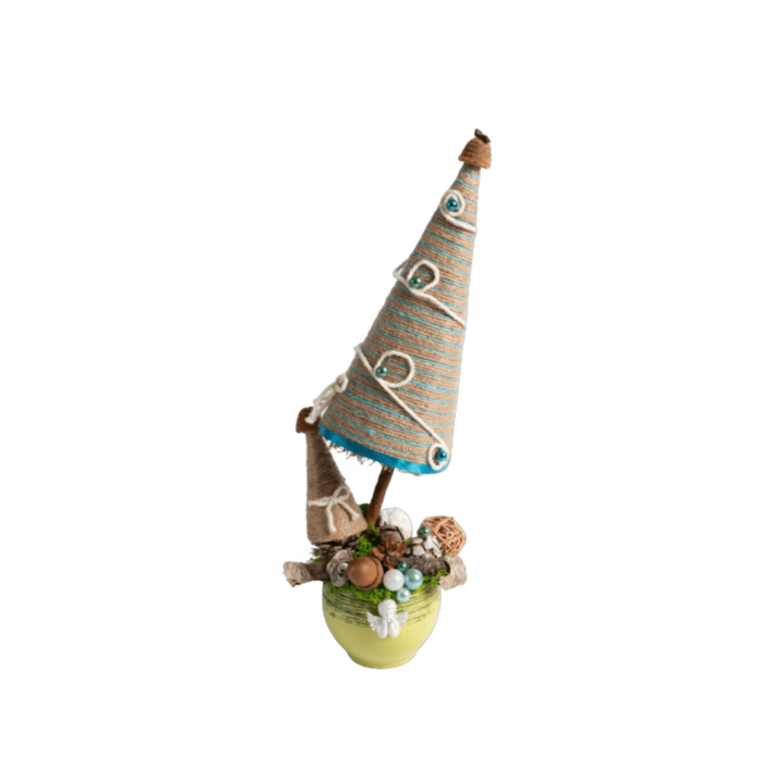 Decoratiune Craciun in vas ceramic, cu globuri, ghinda, ingeras si licheni stabilizati, dimensiune 9*35 cm