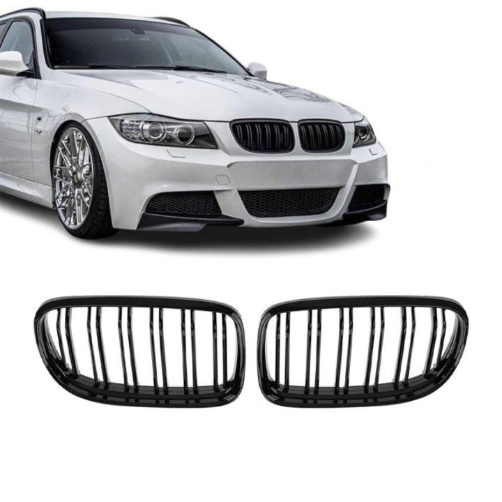 Grile Duble M Style Nari Bara Fata Compatibile cu BMW E90 E91 LCI, Facelift, 2008-2012, M-Design, Negru Lucios