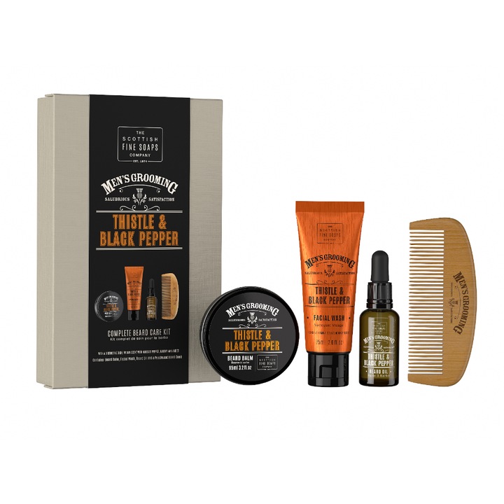 Set pentru barba si fata pentru barbati, Scottish Fine Soaps, Thorn and Pepper, 4 produse