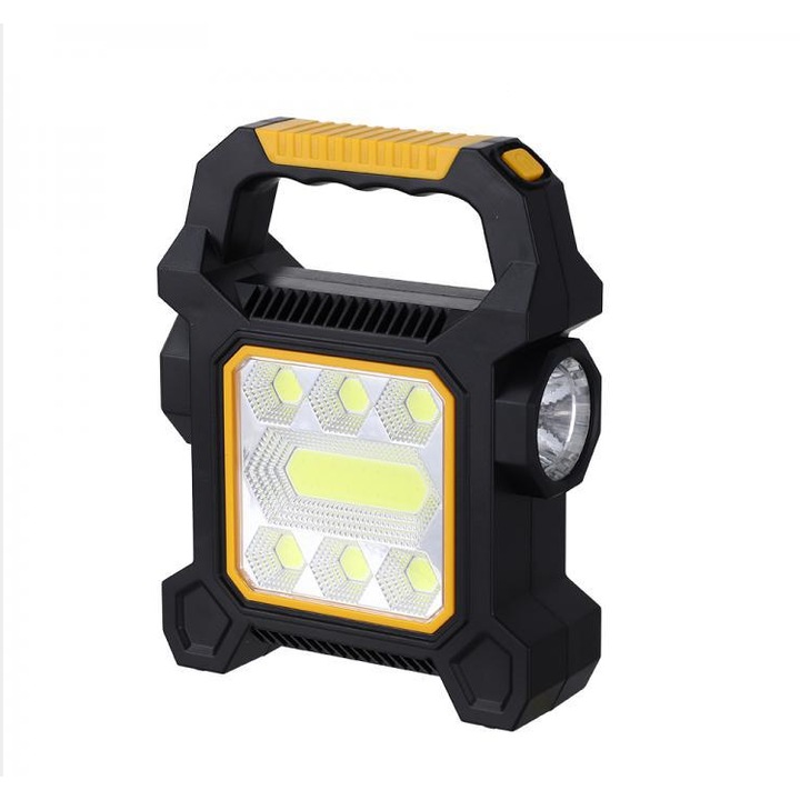 Hordozható LED zseblámpa, többfunkciós, COB, napelemes vagy USB töltés, Power Bank funkcióval, 3 fénymód, ABS, fekete/sárga