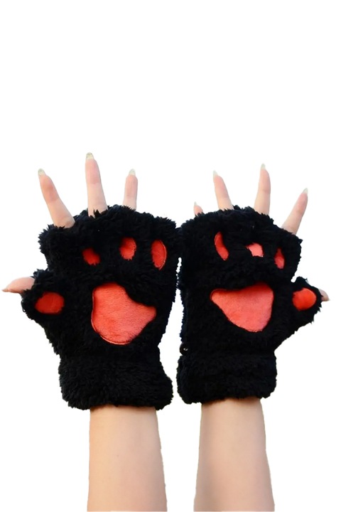 Manusi dama si adolescente, calduroase, model cu degete descoperite si amprenta cu pernute de pisica, tematica good cats gone bad, marime universala, negre, EFAYN