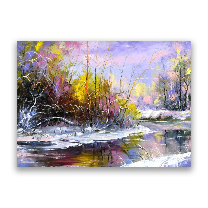 Първокласна картина на платно, LuxCanva® A1261, лилава зима, 80 X 110 CM, 100% памучно платно 400g/m2, дървена рамка, всекидневна, зима, сняг, дървета, лак, живи цветове