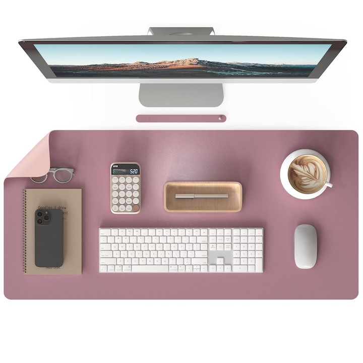 Mousepad pentru protectie birou, Din piele PU, Axroad Mall, 900 x 450 x 1.8 mm, Anti-alunecare si impermeabil, Usor de curatat, Retentie de caldura, Durabil, Fara ondulare, Fara deformare, Vine cu curea, Cu doua fete Roz / Mov