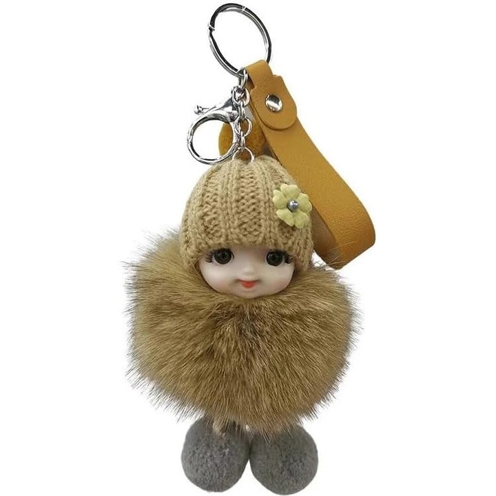 Breloc papusa copil din plus, pentru chei si genti, Maro