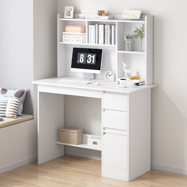 Birou compact cu biblioteca, Rebiko, MDF, alb, 100x45x131 cm