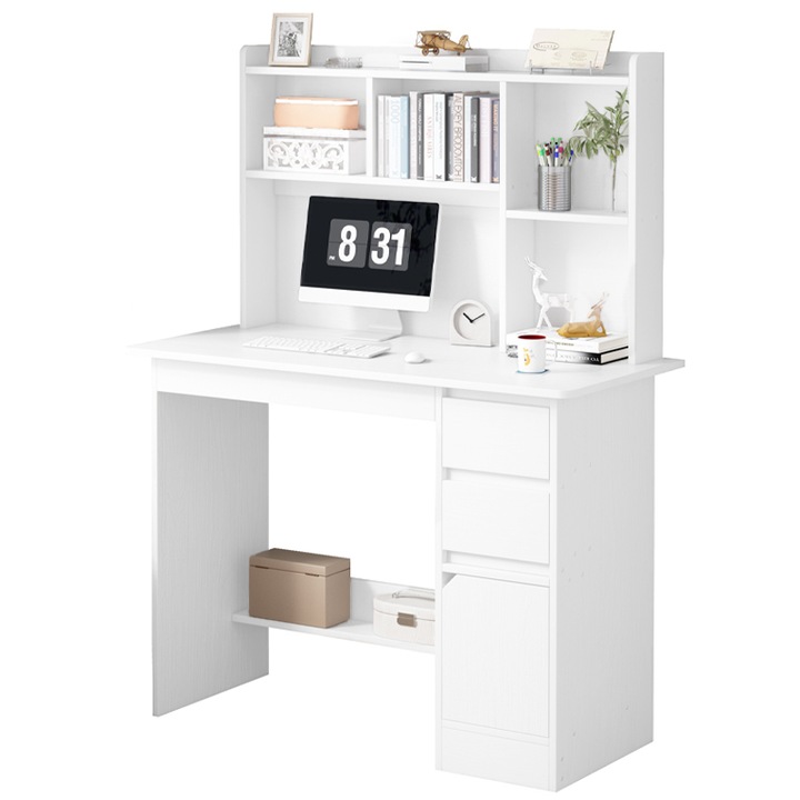 Birou cu raft si sertare, alb, 100 x 45 x 131 cm, BADU