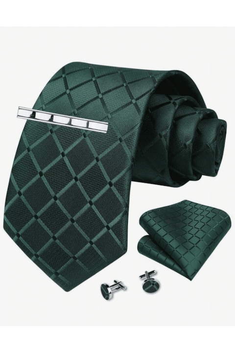 Set Cravata, Batista, Butoni si Ac de Cravata, Verde, 148 x 8 cm, Model Romburi
