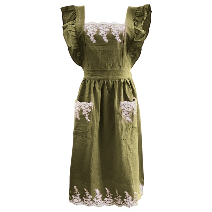 Sort de bucatarie vintage cu buzunare, Bumbac, 84 cm, Verde