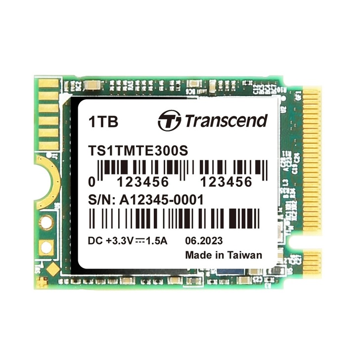 SSD Meghajtó, Transcend 1TB, M.2 2230, PCIe Gen3x4, NVMe, 3D TLC, DRAM nélküli TS1TMTE300S