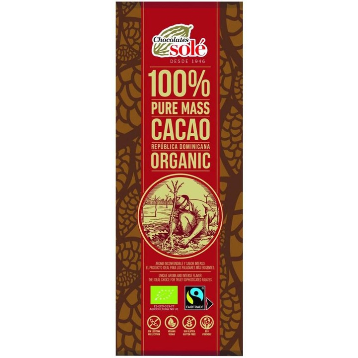 Ciocolata Neagra 100% Cacao Bio ?i Fairtrade 25 grame Chocolates Sole