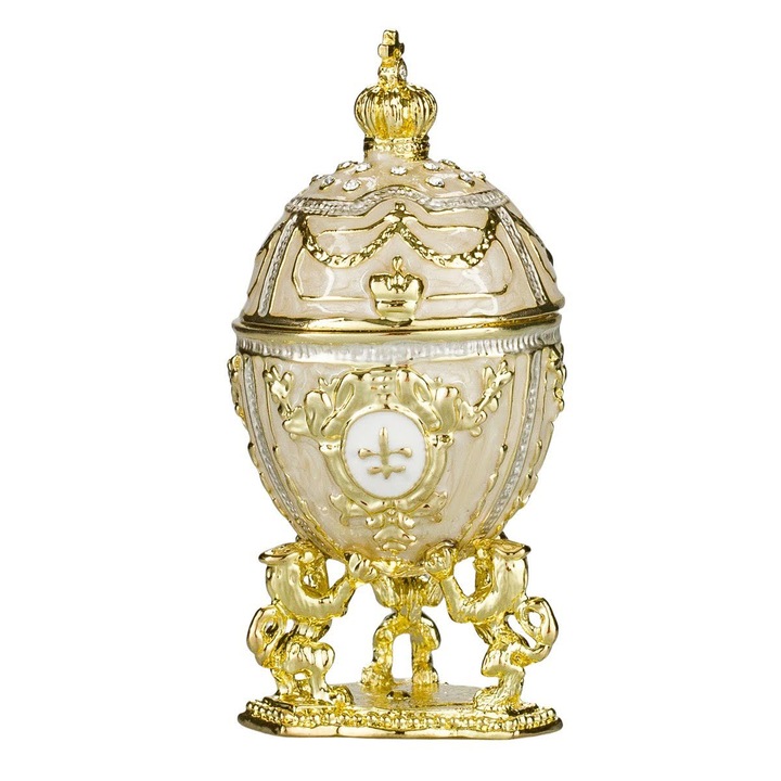 Ékszeres doboz, Fabergé stílusú tojás, oroszlánnal és császári koronával, 7,5 cm, krém színű