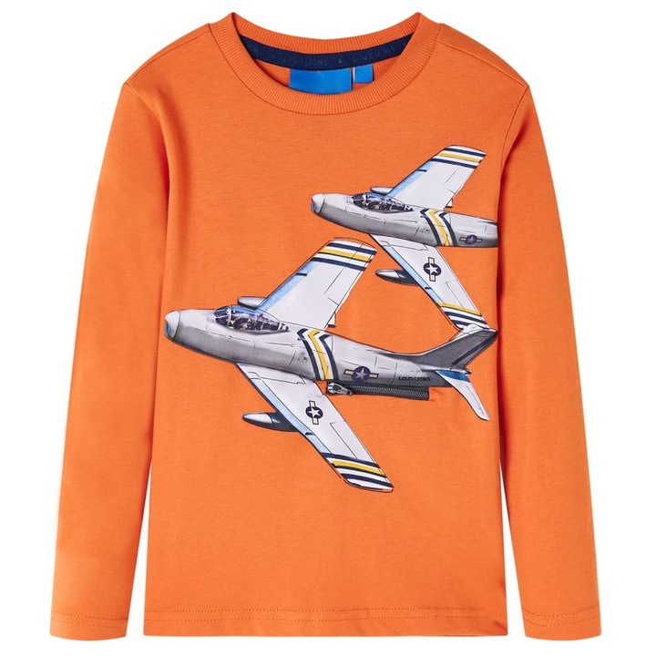 Tricou de copii cu maneci lungi imprimeu avion vidaXL, portocaliu inchis, Portocaliu