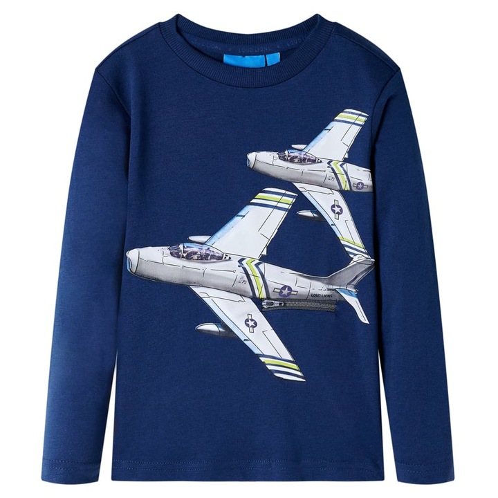 Tricou pentru copii cu maneci lungi vidaXL, imprimeu avion, bleumarin, Albastru
