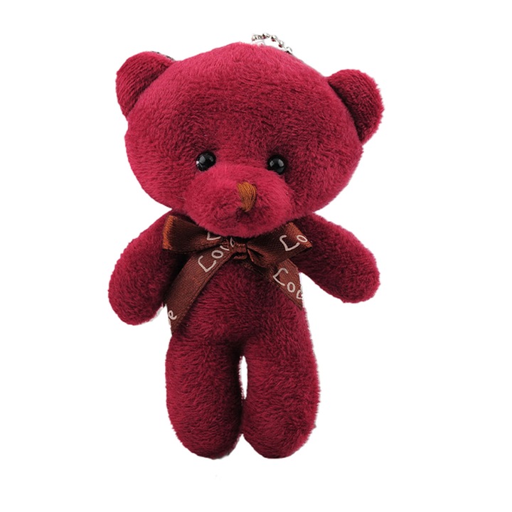 Breloc, model cu ursulet prietenos, accesorizat cu fundita de cadou, tematica I love you, visiniu, EFAYN