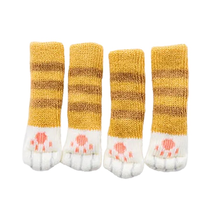 Sosete pentru mobila, protectie pentru picioarele scaunelor, model tip husa anti zgariere cu labute de pisica, tematica cozy home, marime universala, galbene, EFAYN