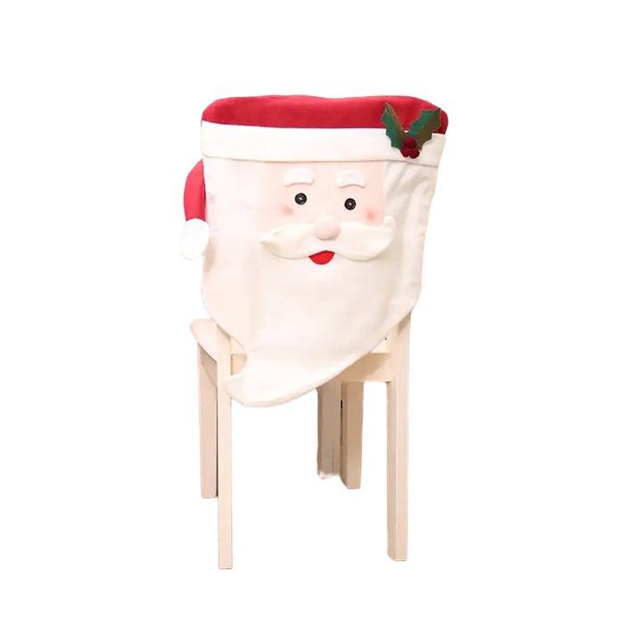 Husa pentru scaune, model de sarbatoare cu personaje de poveste, Mr. Santa, tematica familia lui Mos Craciun, alb, EFAYN
