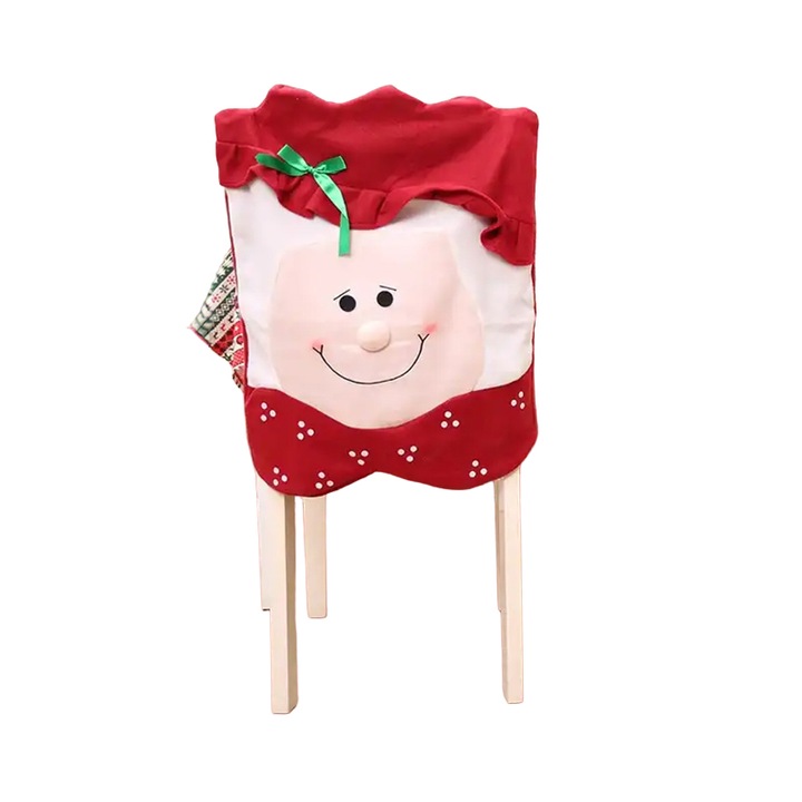 Husa pentru scaune, model de sarbatoare cu personaje de poveste, Mrs. Santa, tematica familia lui Mos Craciun, rosu, EFAYN