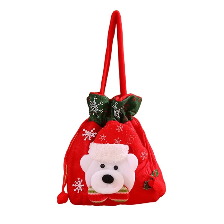 Saculet pentru cadou, model de sarbatoare cu personaje de poveste, ursulet, strangere reglabila cu snur, tematica ajutoarele lui Mos Craciun, alb, EFAYN