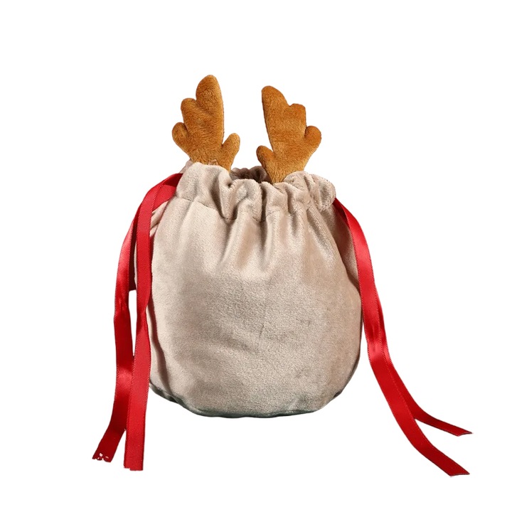Saculet pentru cadou, model surpriza de Craciun, moale si catifelat, accesorizat cu urechiuse de ren, strangere reglabila cu snur, tematica magia sarbatorilor de iarna, maro, EFAYN