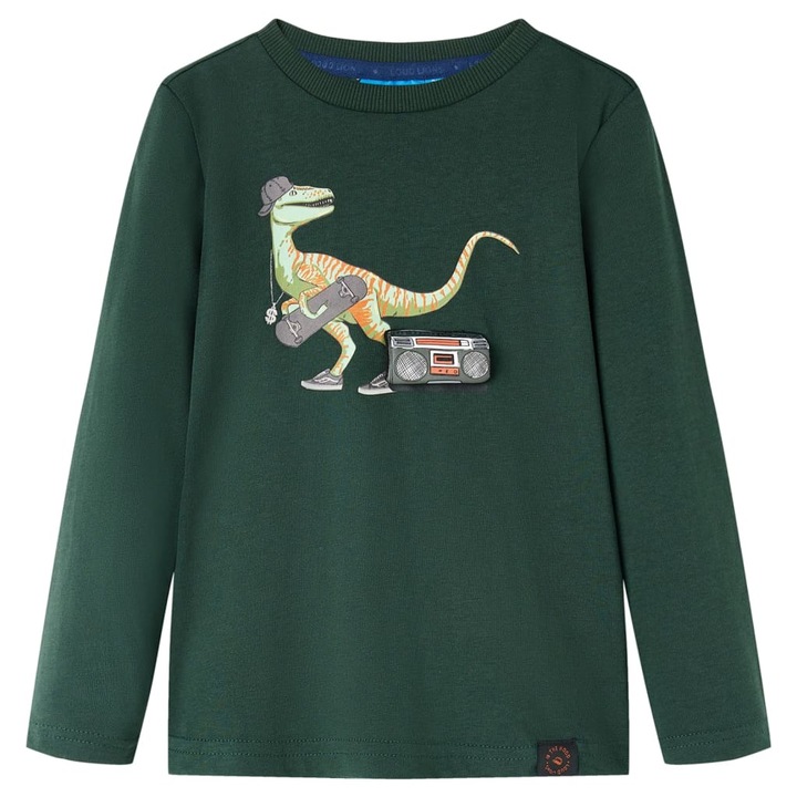 Tricou pentru copii cu maneci lungi vidaXL, imprimeu dinozaur, verde inchis, Verde