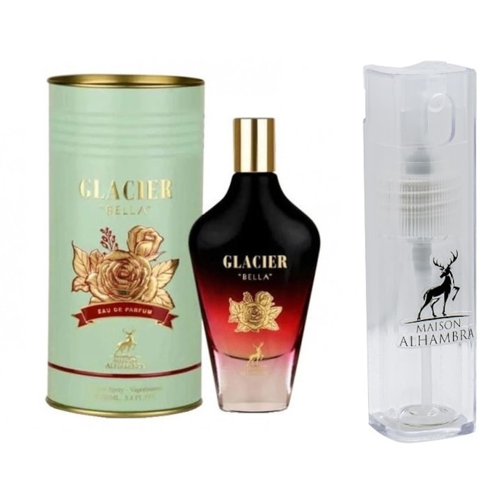 Set Apa de parfum, Alhambra, Glacier Bella, 100 ml, de dama cu Kit Travel Reincarcabil 10 ml