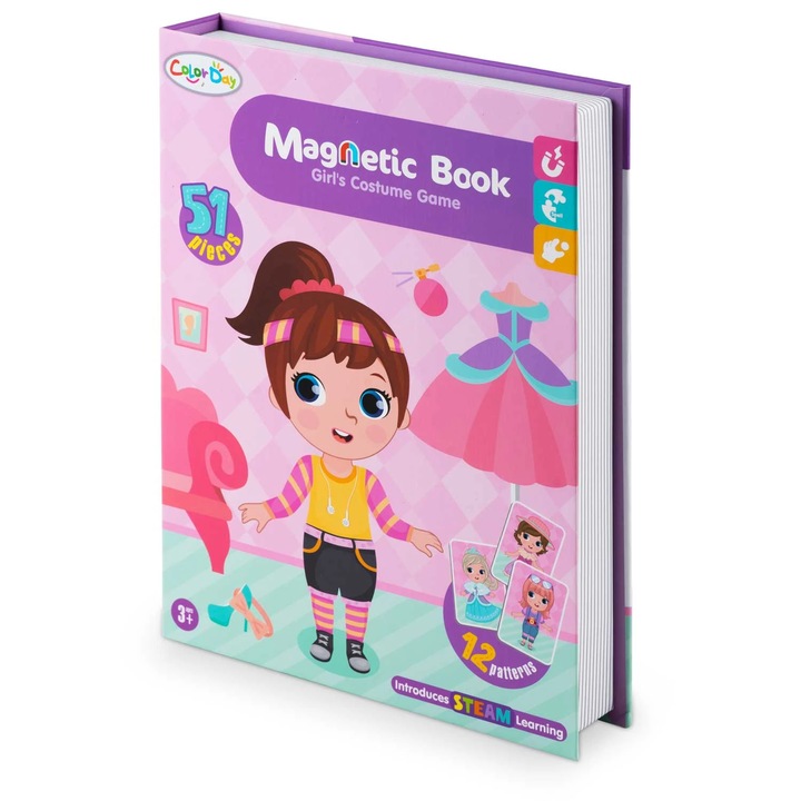 Carte magnetica DacEnergy©, stimuleaza creativitatea si imaginatia, garderoba fetelor, cartonase cu diverse piese vestimentare, 19.5 x 4 x 26.5 cm, 51 de piese