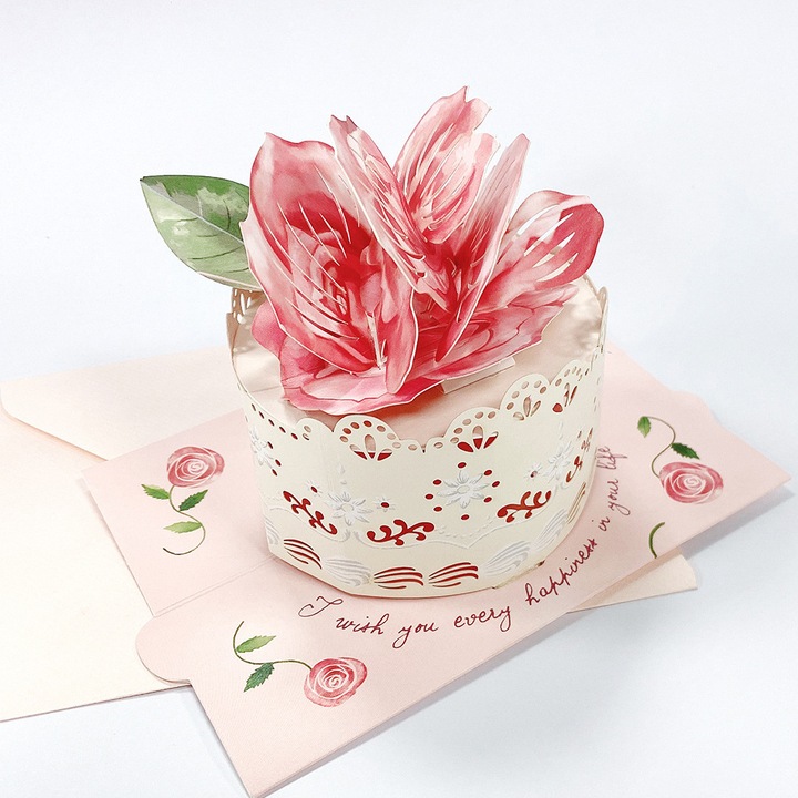 Изскачаща 3D картичка, EZGETOP®, модел за торта, с бял плик-17,5x12,5 см, Розова