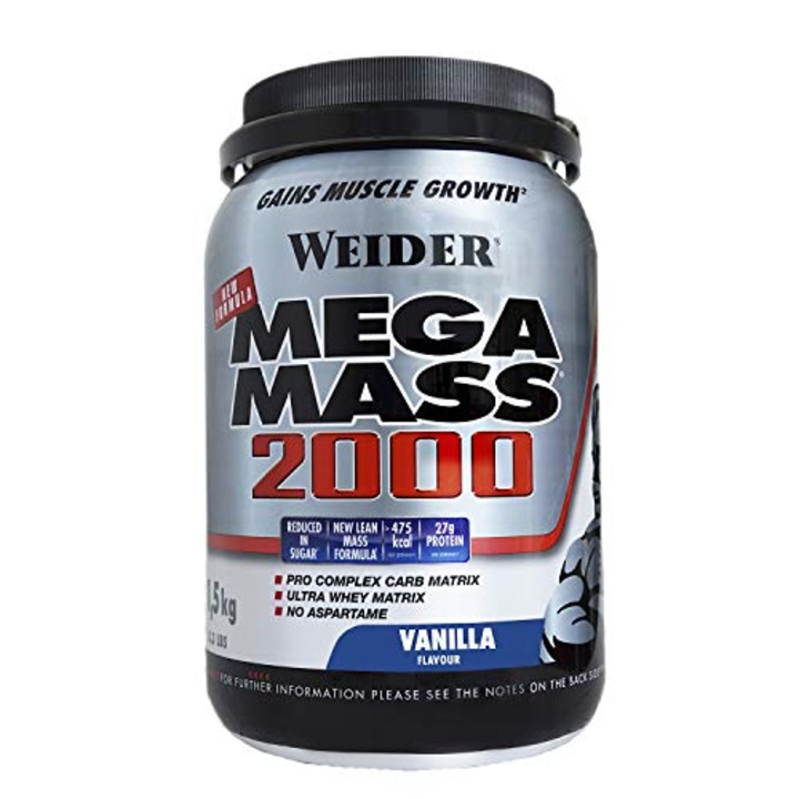 Proteine masa musculara, Weider Super Mega Mass 2000, aroma vanilie, 1.5 kg