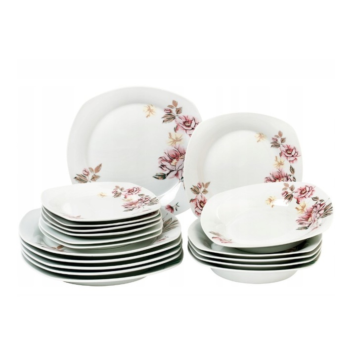 6 személyes tányérkészlet, porcelán, virágmintás, 18 elemes, Festa Italia, fehér