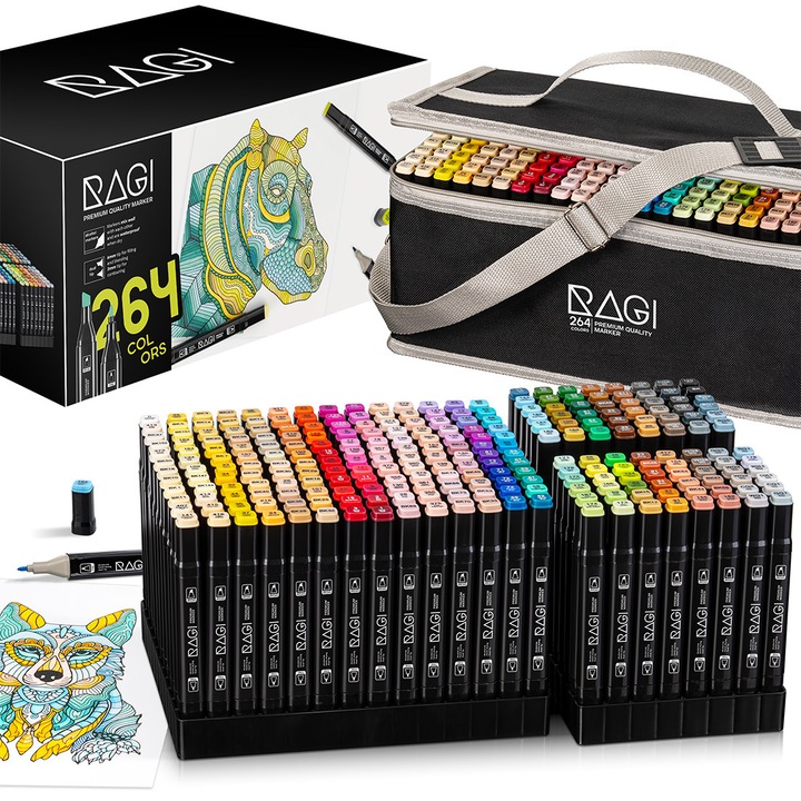 Комплект маркери, RAGI, 264 бр, Многоцветни, Двоен връх, С практична торба и пластмасова подложка