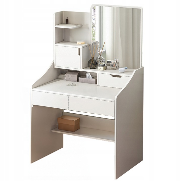 Masa de toaleta alba cu oglinda, 2 rafturi, 2 sertare, 70 x 40 x 130 cm, BADU