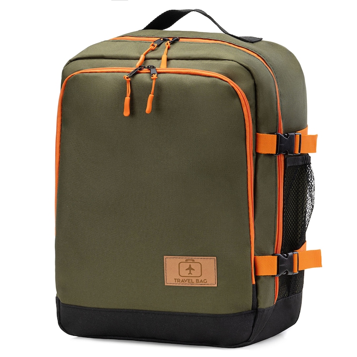Rucsac pentru bagaje de mana pentru avion, Ferocity, Poliester, 40x30x20 cm, 24 l, verde-portocaliu
