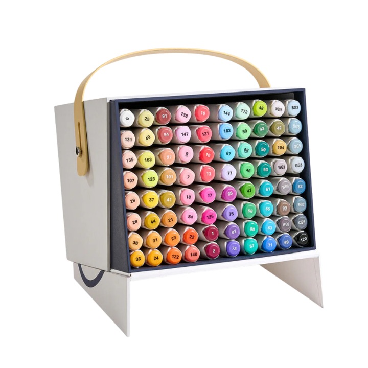 Set 80 Markere Blender,2 Tipuri de Varf, Gros si Pensula, Carioci Profesionale, pe Baza de Alcool, pentru Schite, Desene, Picturi, inclus Cutie Depozitare, Uscare rapida, Arrtx