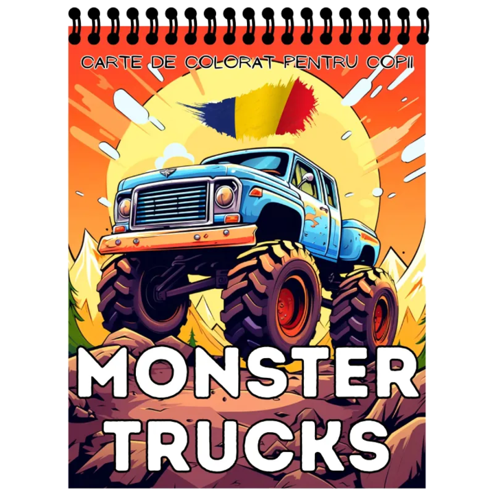 Carte de colorat pentru copii cu camioane monster truck pentru baieti, NARI, A4, 62 pagini, seria Opin Puk