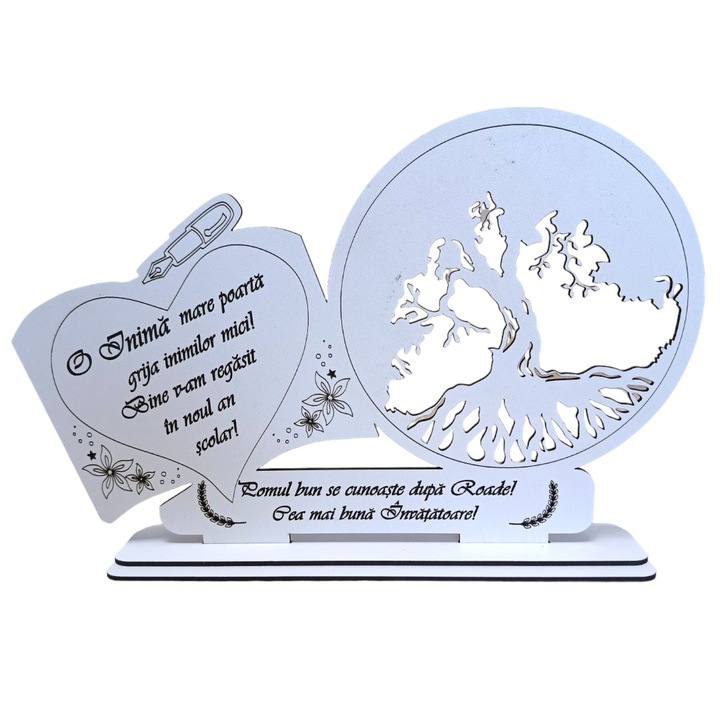 Decoratiune tablou inima, blank pentru licheni stabilizati, personalizat cu mesaj standard pentru invatatoare, '' O inima mare...', dimensiune 30x18cm, model 3, alb