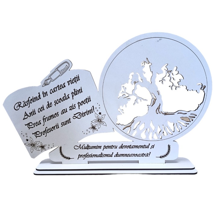 Decoratiune tablou inima, blank pentru licheni stabilizati, personalizat cu mesaj standard pentru profesori, '' Rasfoind in cartea vietii...', dimensiune 30x18cm, model 3, alb