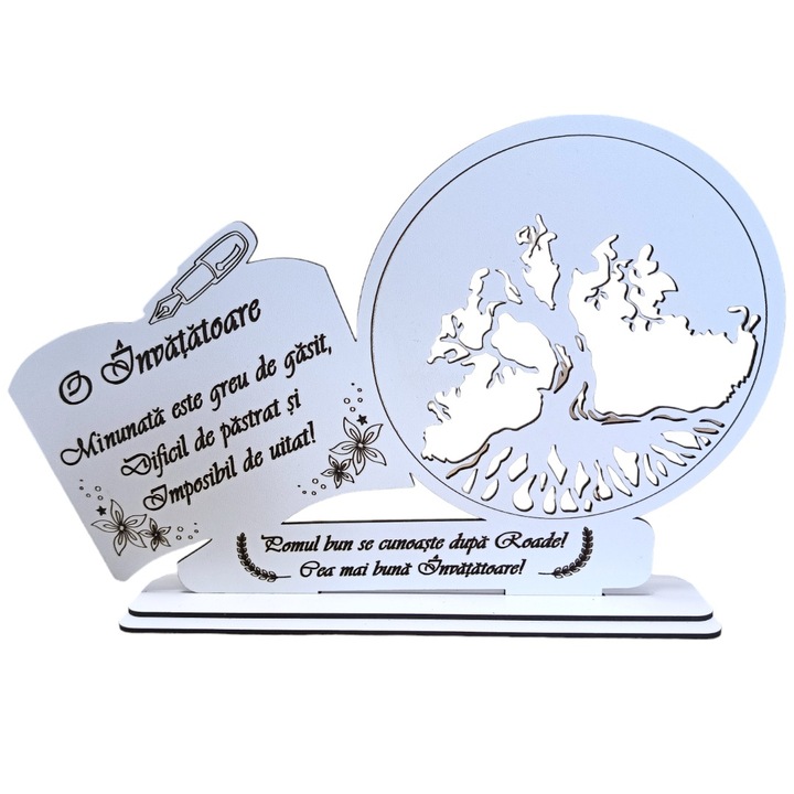 Decoratiune tablou inima, blank pentru licheni stabilizati, personalizat cu mesaj standard pentru invatatoare, ''O Invatatoare minunata...', dimensiune 30x18cm, model 3, alb