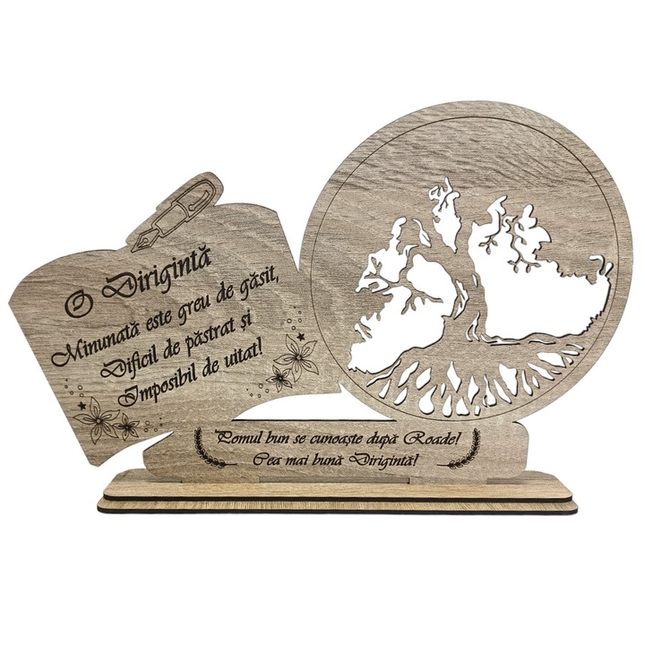 Decoratiune tablou inima, blank pentru licheni stabilizati, personalizat cu mesaj standard pentru diriginta, ''O Diriginta minunta...", dimensiune 30x18cm, maro