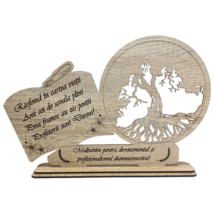 Decoratiune tablou inima, blank pentru licheni stabilizati, personalizat cu mesaj standard pentru profesori, ''Rasfoind in cartea vietii...", dimensiune 30x18cm, maro