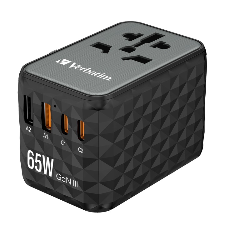 Univerzális adapter Verbatim UTA-05, Travel, 65WGaN3, 2 x USB-C PD & QC 4+ és 2 x USB-A