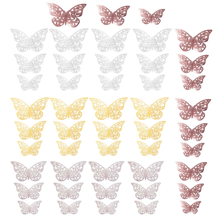 Комплект стикери за стена, AllizBan, 3D метални пеперуди, 48 бр., различни размери, многоцветни
