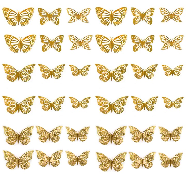 Комплект стикери за стена, AllizBan, 3D метални пеперуди, 36 бр., различни размери, златни
