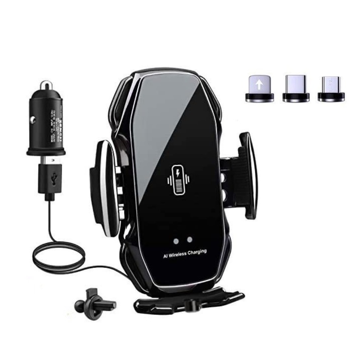 Set Suport Auto cu incarcare Wireless, QUANDES™, Senzor inteligent Prindere Telefon, Fast Charger, 15W, Universal, IOS/Android, Cablu incarcare Magnetic cu 3 mufe si Incarcator Auto18w